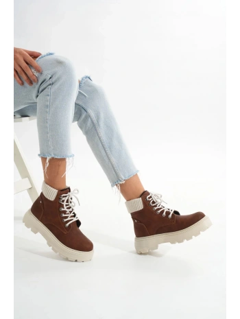 LMÇ-2045 Kahverengi Süet Bağcıklı Kalın Taban Kadın Günlük Bot