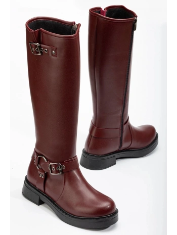 02-312 Bordo Toka Aksesuarlı Fermuarlı Günlük Kadın Çizme