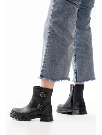 2051-2014 Siyah Tokalı Düz Topuklu Tokalı Fermuarlı Günlük Kadın Bot