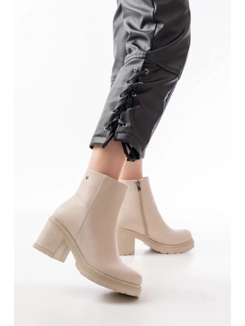 767-3020 Bej Fermuarlı Kalın Topuklu Günlük Kadın Bot