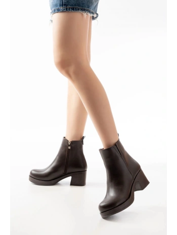 5109-3057 Kahverengi Lastikli Fermuarlı Kalın Topuklu Günlük Kadın Bot