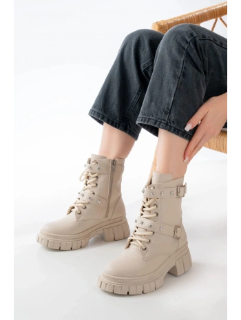 842-03 Bej Bağcıklı Kalın Tabanlı Bağcıklı Fermuarlı Günlük Kadın Bot