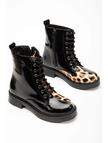 02-3055 Siyah Rugan Leopar Bağcıklı Fermuarlı Günlük Kadın Bot