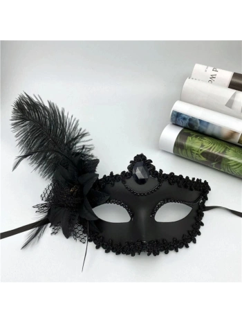 Siyah Mat Renk Yandan Tüylü Güllü Parti Balo Venedik Maskesi 16x22