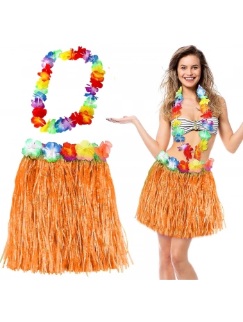 Hawaii Luau Aloha Turuncu Püsküllü 40 Cm Etek Ve Hawaii Kolye Seti