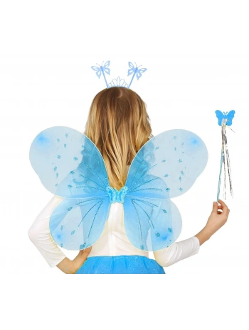Mavi Renk Çocuk Kelebek Kanat Taç Asa Seti 50 Cm
