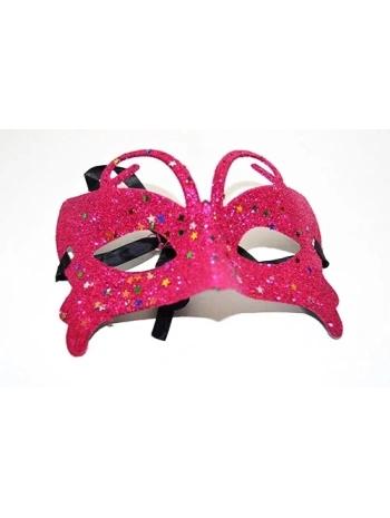 Fuşya Renk Simli Kelebek Kostüm Partisi Maskesi 10x13 Cm