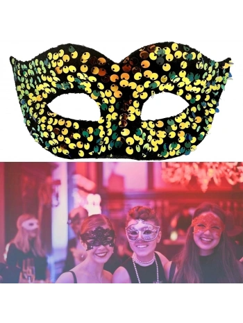 Altın Renk Arkadan Lastikli Pul Payet İşlemeli Balo After Parti Maskesi