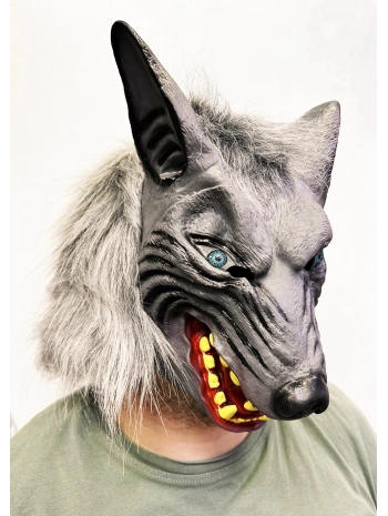 Kafaya Tam Geçmeli Lateks Mavi Gözlü Dişli Ağzı Açık Kurt Maskesi