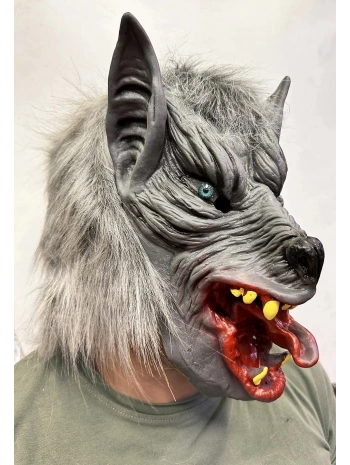 Kafaya Tam Geçmeli Lateks Dil Çıkaran Mavi Gözlü Kurt Maskesi
