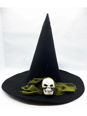 Siyah Renk Yeşil Duvaklı Kuru Kafa Temalı Cadı Şapkası 35x38 Cm