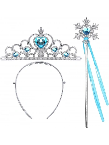 Karlar Ülkesi Elsa Mavi Kalp Tacı Ve Kar Temalı Asa Seti