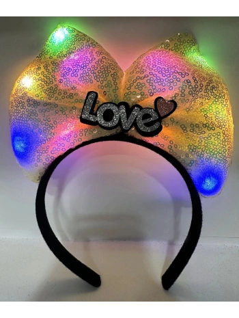 Led Işıklı 3 Farklı Fonksiyonda Yanan Gümüş Love Yazılı Sarı Fiyonk Taç 20x17 Cm
