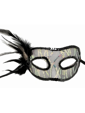Siyah Renk Yandan Tüylü Pul Payet İşlemeli Parti Maskesi 23x12 Cm