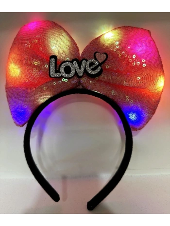 Led Işıklı 3 Farklı Fonksiyonda Yanan Gümüş Love Yazılı Fuşya Pembe Fiyonk Taç 20x17 Cm