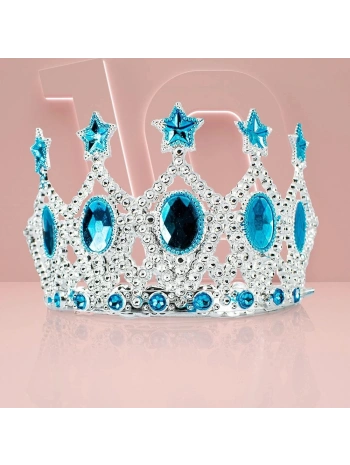 Çocuk Kraliçe Tacı - Mavi Yıldız İşlemeli Prenses Tacı 15x7 Cm