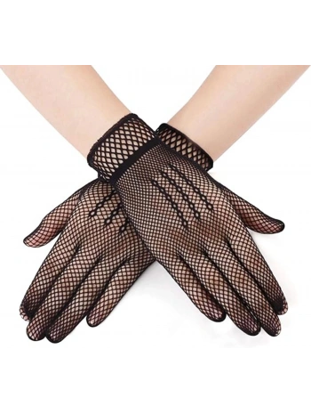 Siyah Renk Likralı File Eldiven Parmaklı Örgü Eldiven Yetişkin Boy