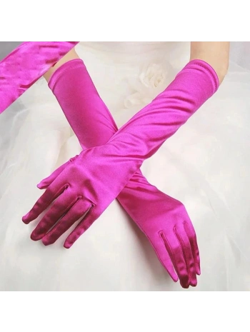 Uzun Boy Ekstra Parlak Saten Eldiven Fuşya Renk