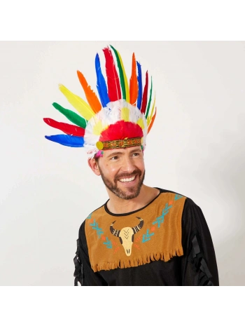 Rengarenk Gerçek Tüylü Lastik Aparatlı Kızılderili Başlığı