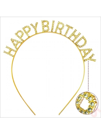 Altın Gold Renk Kristal Taşlı Parlak Happy Birthday Taç 16x17 Cm