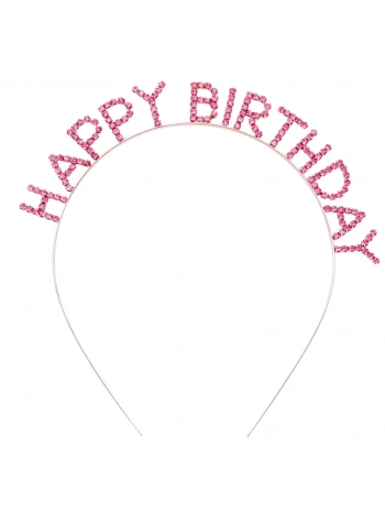 Pembe Renk Kristal Taşlı Gold Renk Kaplama Happy Birthday Taç 16x17 Cm
