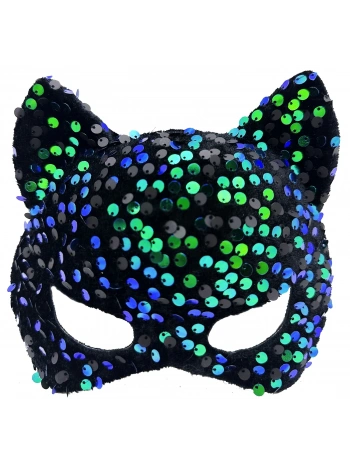 Siyah Kadife Kumaş Üzerine Mavi Yeşil Payetli Pullu Parti Maskesi 16x14 Cm