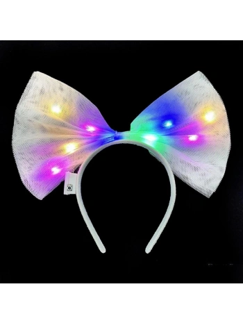 Rengarenk Led Işıklı Fiyonk Şekilli Tül Parti Tacı Beyaz Renk 25x25 Cm