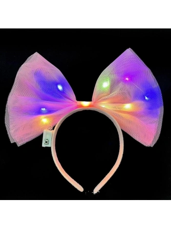 Rengarenk Led Işıklı Fiyonk Şekilli Tül Parti Tacı Pembe Renk 25x25 Cm