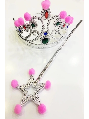 Pembe Ponponlu Gümüş Renk Prenses Tacı Ve Gümüş Renk Prenses Asası