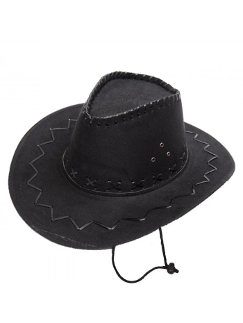 Bağcıklı Çocuk Boy Nubuk Süet Kovboy Şapkası Siyah Renk