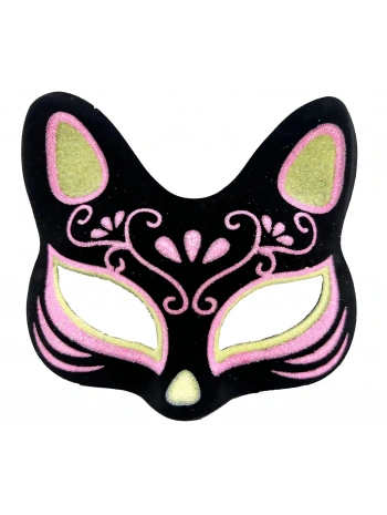 Siyah Renk Süet Kaplama Üzeri Sarı Pembe Simli Kedi Maskesi 17x14 Cm