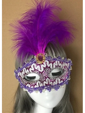 Mor Dantel İşlemeli Mor Tüylü Balo Parti Maskesi 17x20 Cm