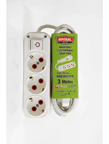 Amiral 3 Lü Topraklı Anahtarlı 3 Metre Kablolu Grup Priz