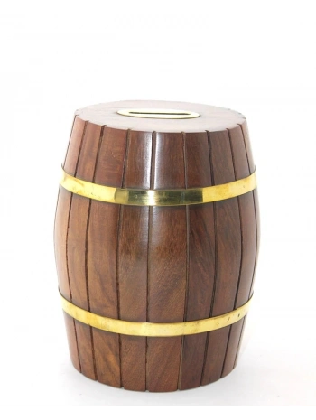 Pirinç Ahşap Fıçı Kumbara 15 Cm Wb538