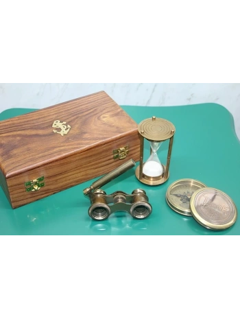 Ahşap Kutulu Pirinç Pusula,kumsaati,dürbün Seti 15682