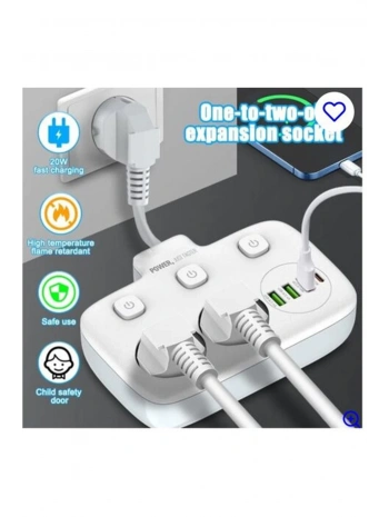 Akım Korumalı 2’li Ayrı Anahtarlı Priz, 2x Priz, 3x Usb, 1x Type-c, 2 Mt Kablo, Hızlı Şarj