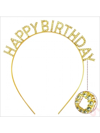 Altın Gold Renk Kristal Taşlı Parlak Happy Birthday Taç 16x17 Cm