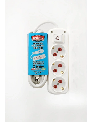Amiral 3 Lü Topraklı Anahtarlı 2 Metre Kablolu Grup Priz