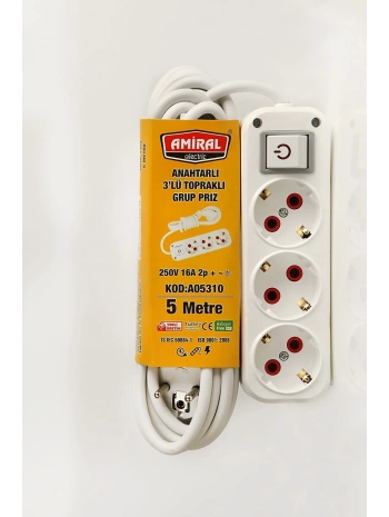 Amiral 3 Lü Topraklı Anahtarlı 5 Metre Kablolu Grup Priz