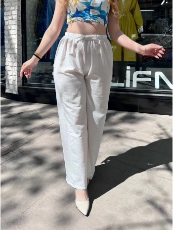 Bağcıklı keten pantolon krem