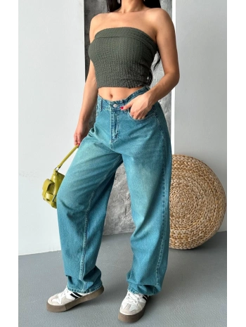 Baggy taş enzim bıyık yıkama jeans pantolon yeşil tint d2007