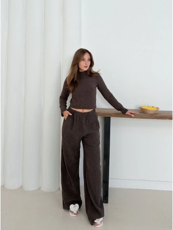 Balıkçı yaka örme takım kahve st265865