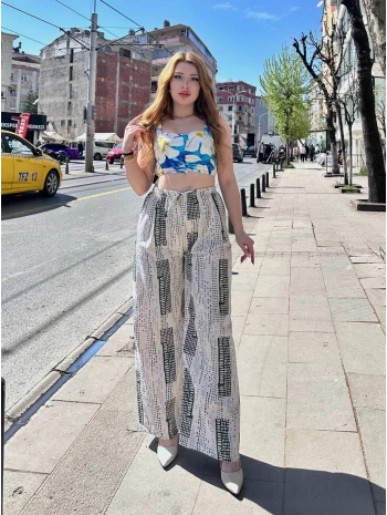 Baskılı Bağcıklı keten pantolon krem