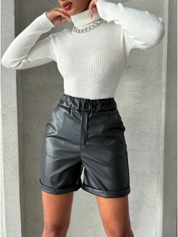 Beli lastikli duble paça deri şort siyah w24755
