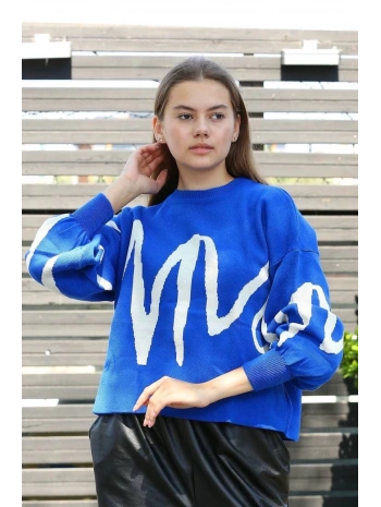 Beyaz çizgili bisiklet yaka kazak saksmavisi