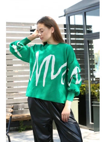 Beyaz çizgili bisiklet yaka kazak yeşil