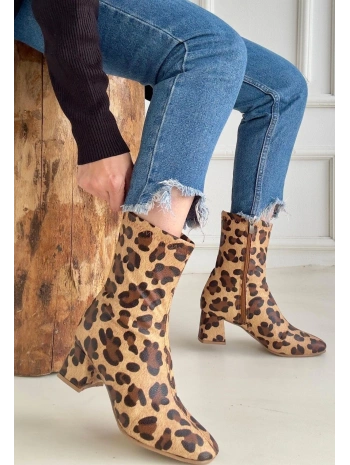 Birta Leopar Cilt Streç Topuklu Bot