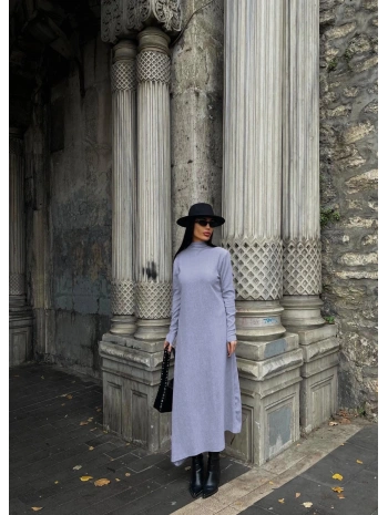 Boğazlı kalın bürümcük uzun elbise gri