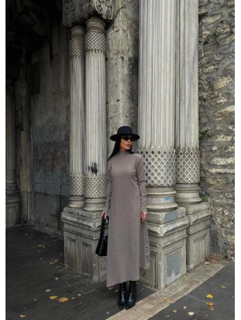 Boğazlı kalın bürümcük uzun elbise vizon