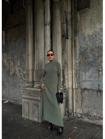 Boğazlı kalın bürümcük uzun elbise yeşil